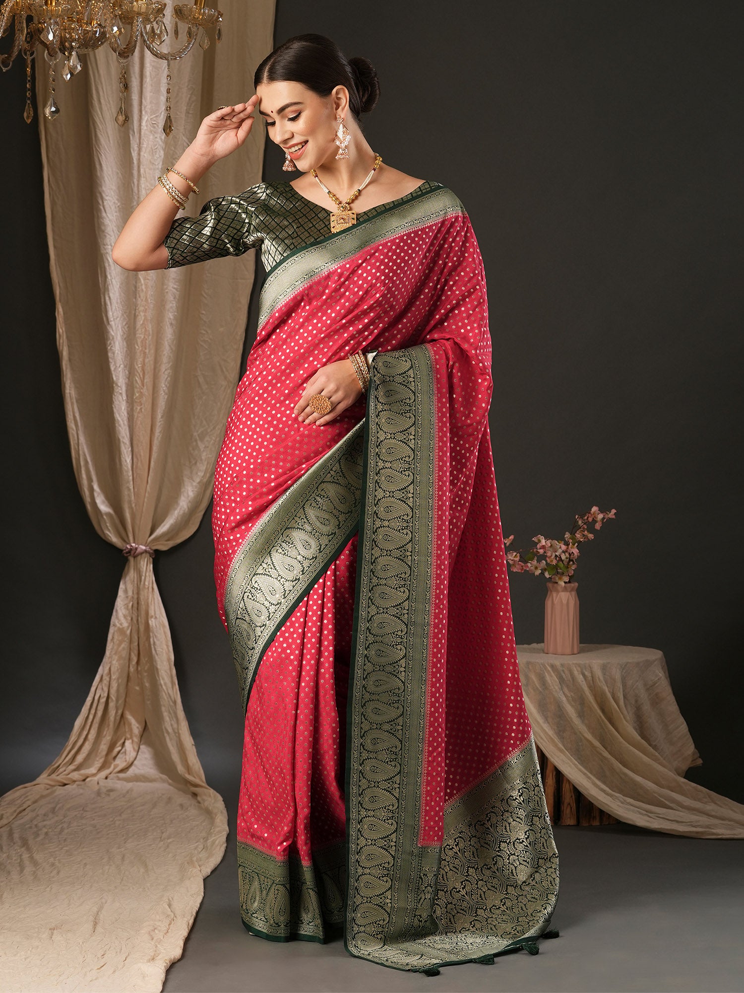 Women's Georgette Green Woven Design Designer Saree With Blouse Piece