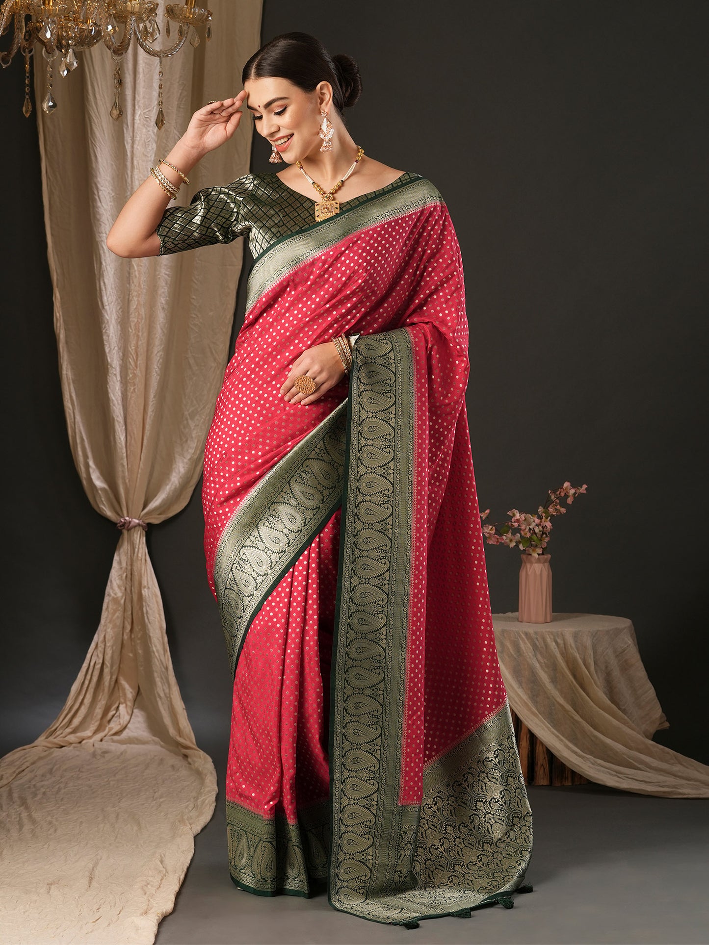 Women's Georgette Green Woven Design Designer Saree With Blouse Piece