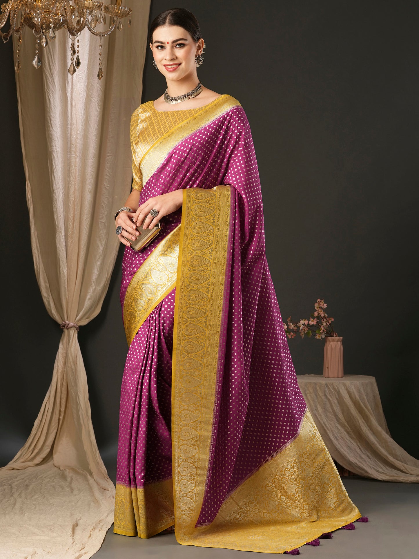 Women's Georgette Yellow Woven Design Designer Saree With Blouse Piece