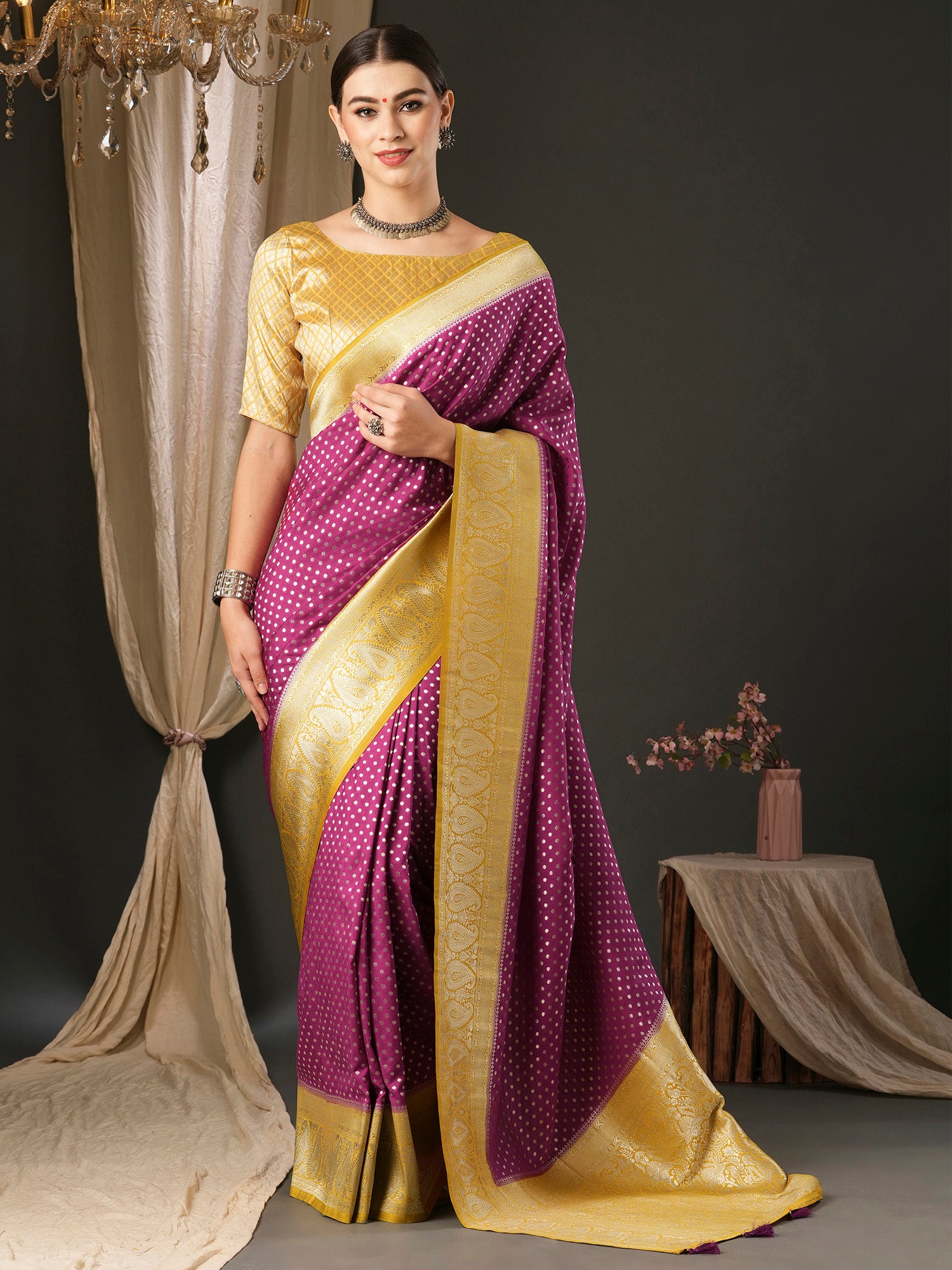 Women's Georgette Yellow Woven Design Designer Saree With Blouse Piece