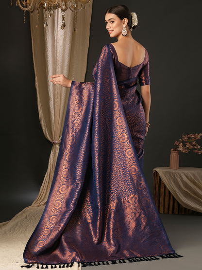 Women's Silk Blend Navy Blue Woven Design Designer Saree With Blouse Piece