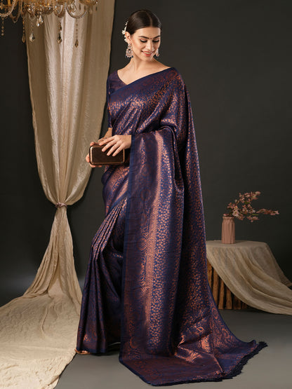 Women's Silk Blend Navy Blue Woven Design Designer Saree With Blouse Piece