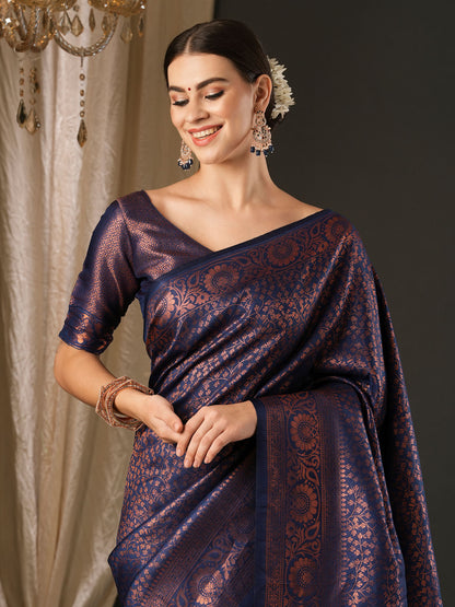 Women's Silk Blend Navy Blue Woven Design Designer Saree With Blouse Piece