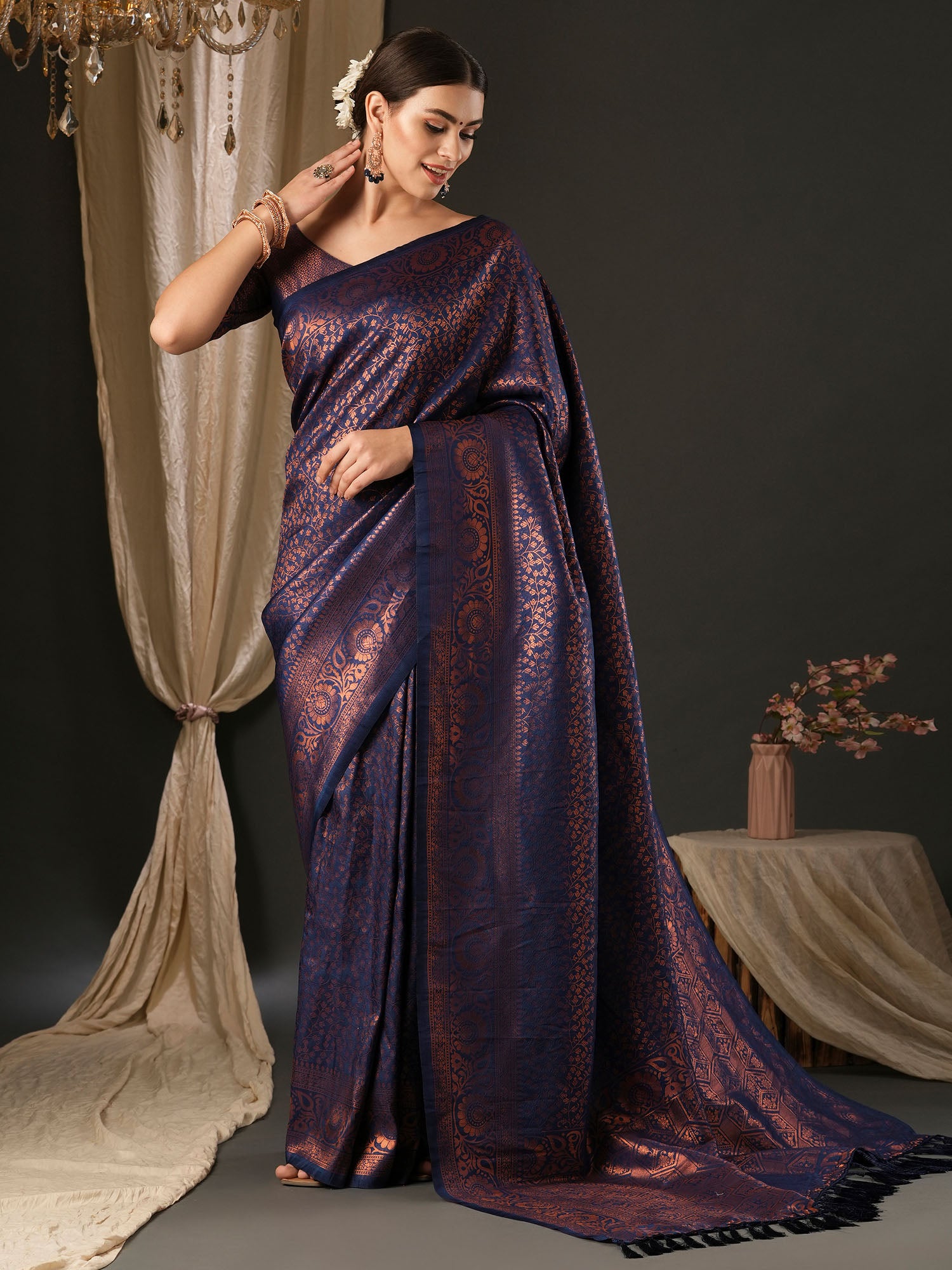 Women's Silk Blend Navy Blue Woven Design Designer Saree With Blouse Piece
