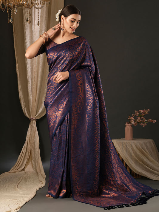 Women's Silk Blend Navy Blue Woven Design Designer Saree With Blouse Piece