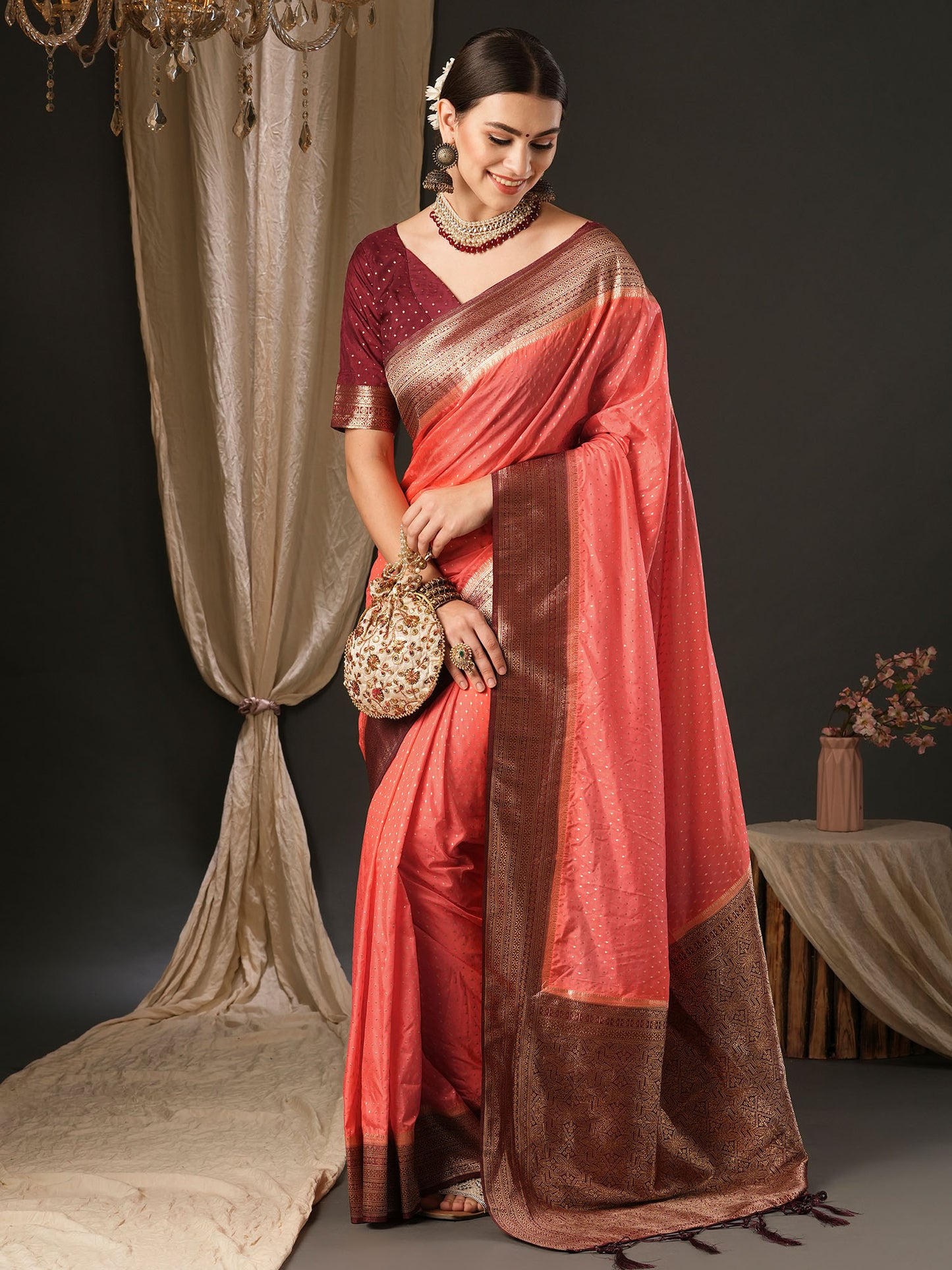 Women's Silk Blend Maroon Woven Design Designer Saree With Blouse Piece