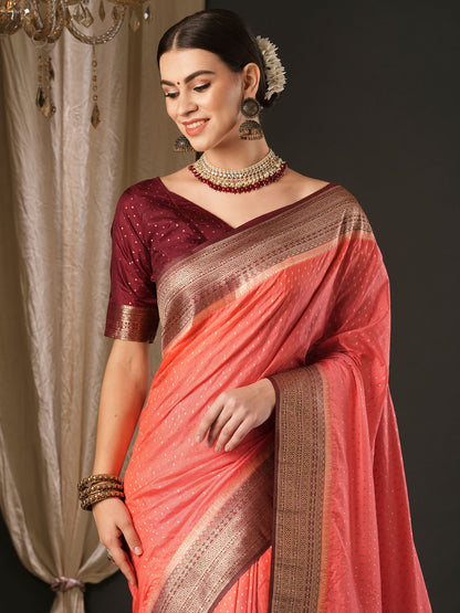 Women's Silk Blend Maroon Woven Design Designer Saree With Blouse Piece