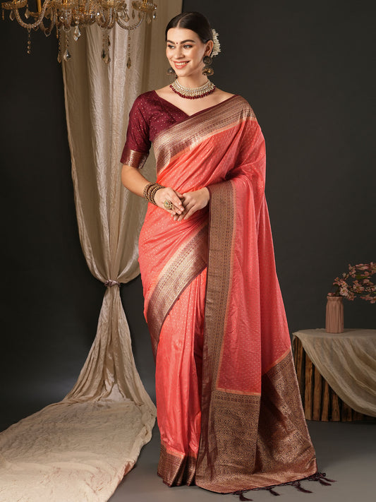 Women's Silk Blend Maroon Woven Design Designer Saree With Blouse Piece