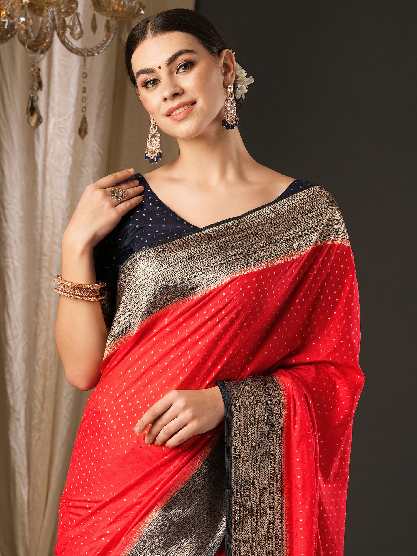 Women's Silk Blend Navy Blue Woven Design Designer Saree With Blouse Piece