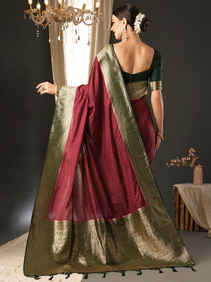 Women's Silk Blend Dark Green Woven Design Designer Saree With Blouse Piece
