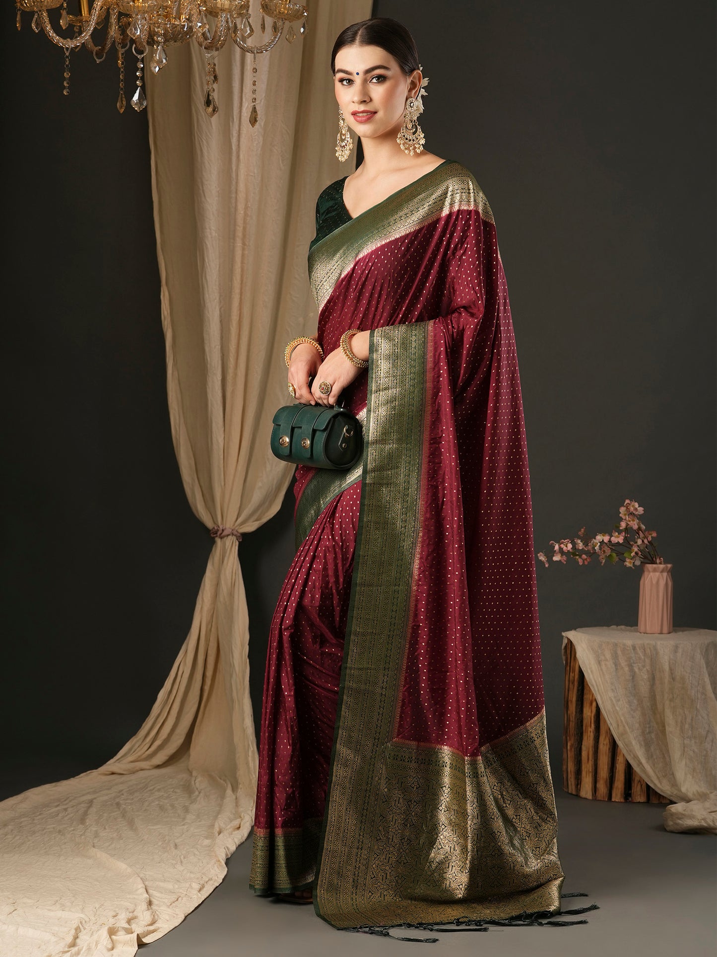 Women's Silk Blend Dark Green Woven Design Designer Saree With Blouse Piece