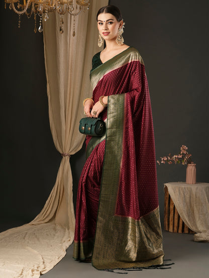 Women's Silk Blend Dark Green Woven Design Designer Saree With Blouse Piece