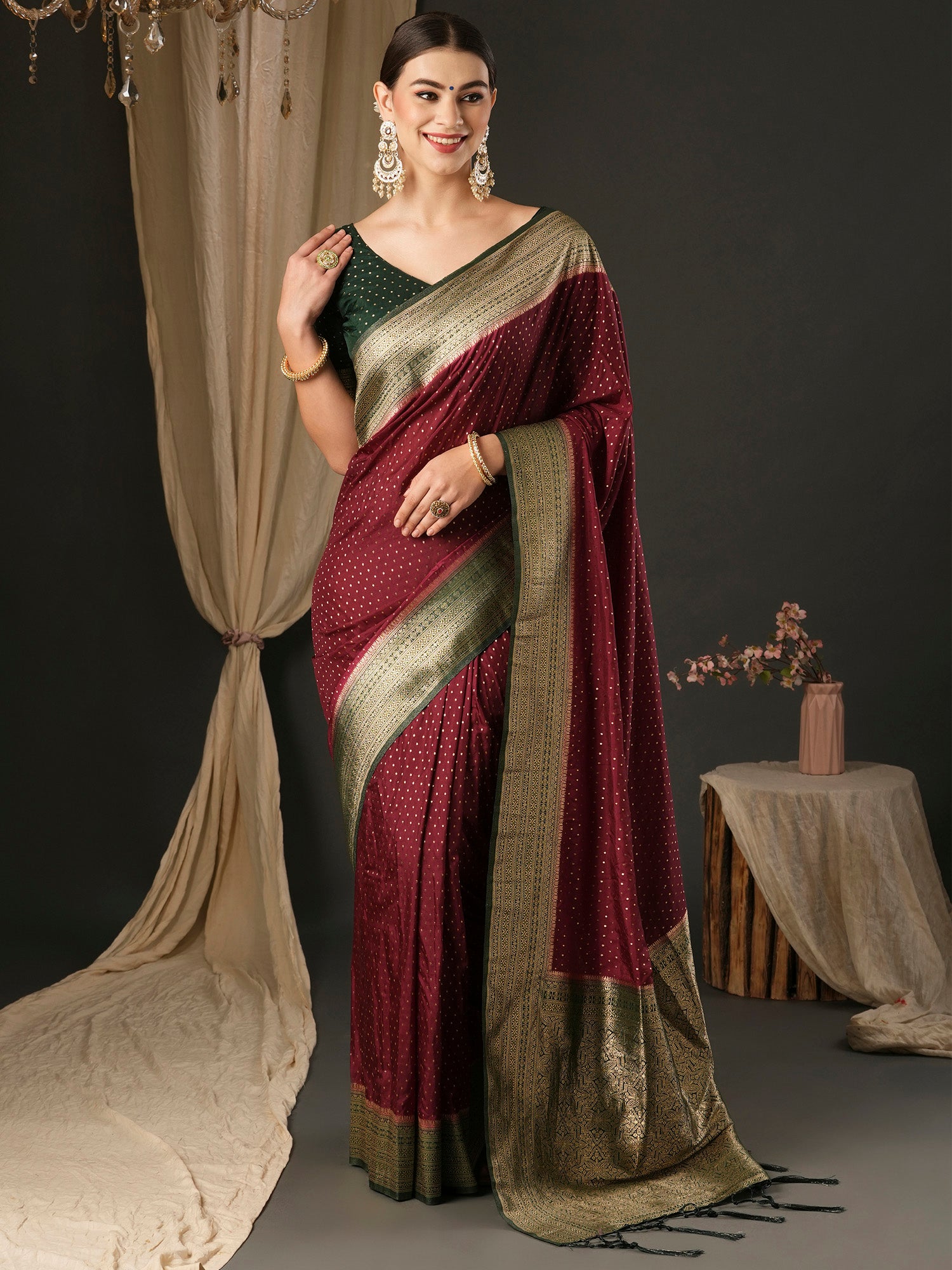 Women's Silk Blend Dark Green Woven Design Designer Saree With Blouse Piece