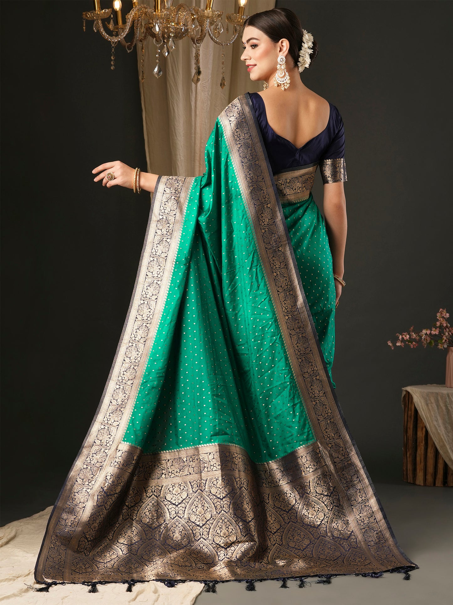 Women's Silk Blend Navy Blue Woven Design Designer Saree With Blouse Piece