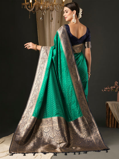 Women's Silk Blend Navy Blue Woven Design Designer Saree With Blouse Piece