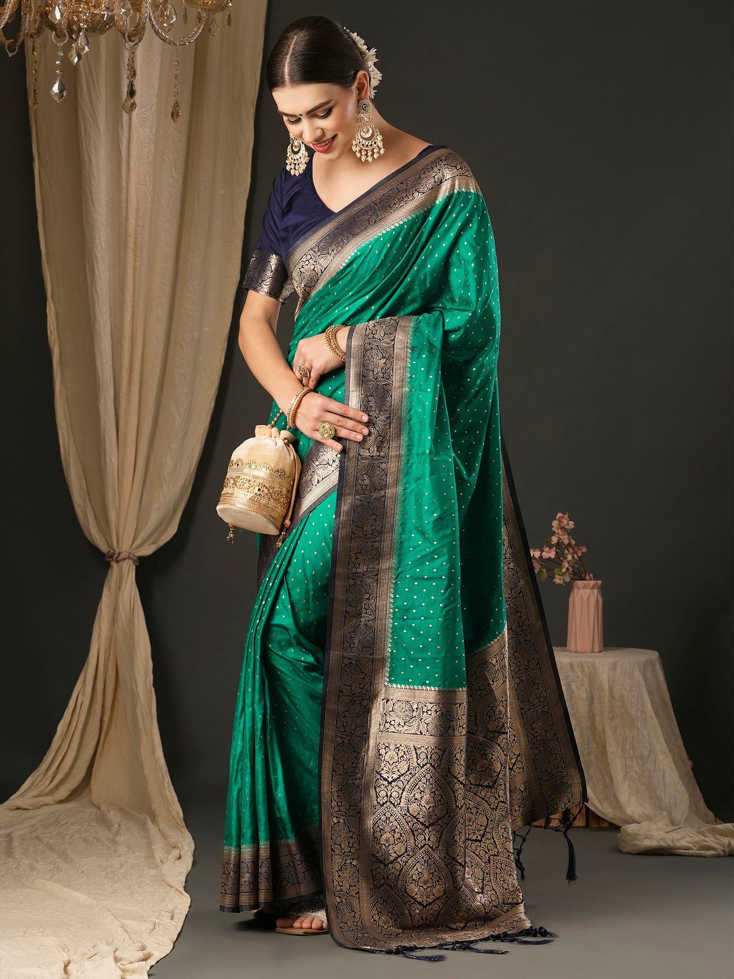 Women's Silk Blend Navy Blue Woven Design Designer Saree With Blouse Piece