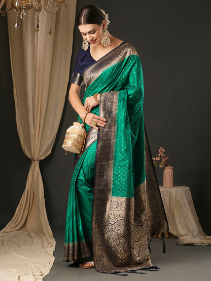 Women's Silk Blend Navy Blue Woven Design Designer Saree With Blouse Piece