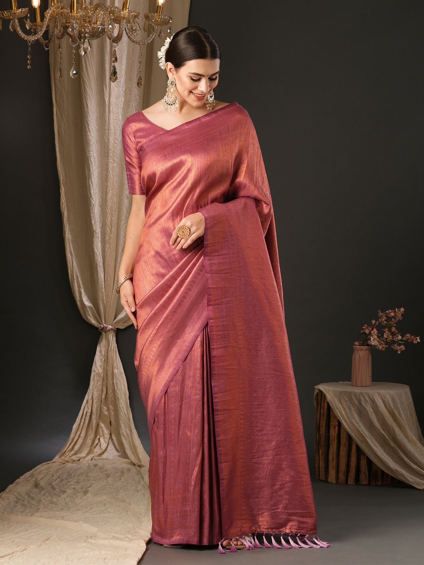 Women's Silk Blend Mauve Embellished Designer Saree With Blouse Piece