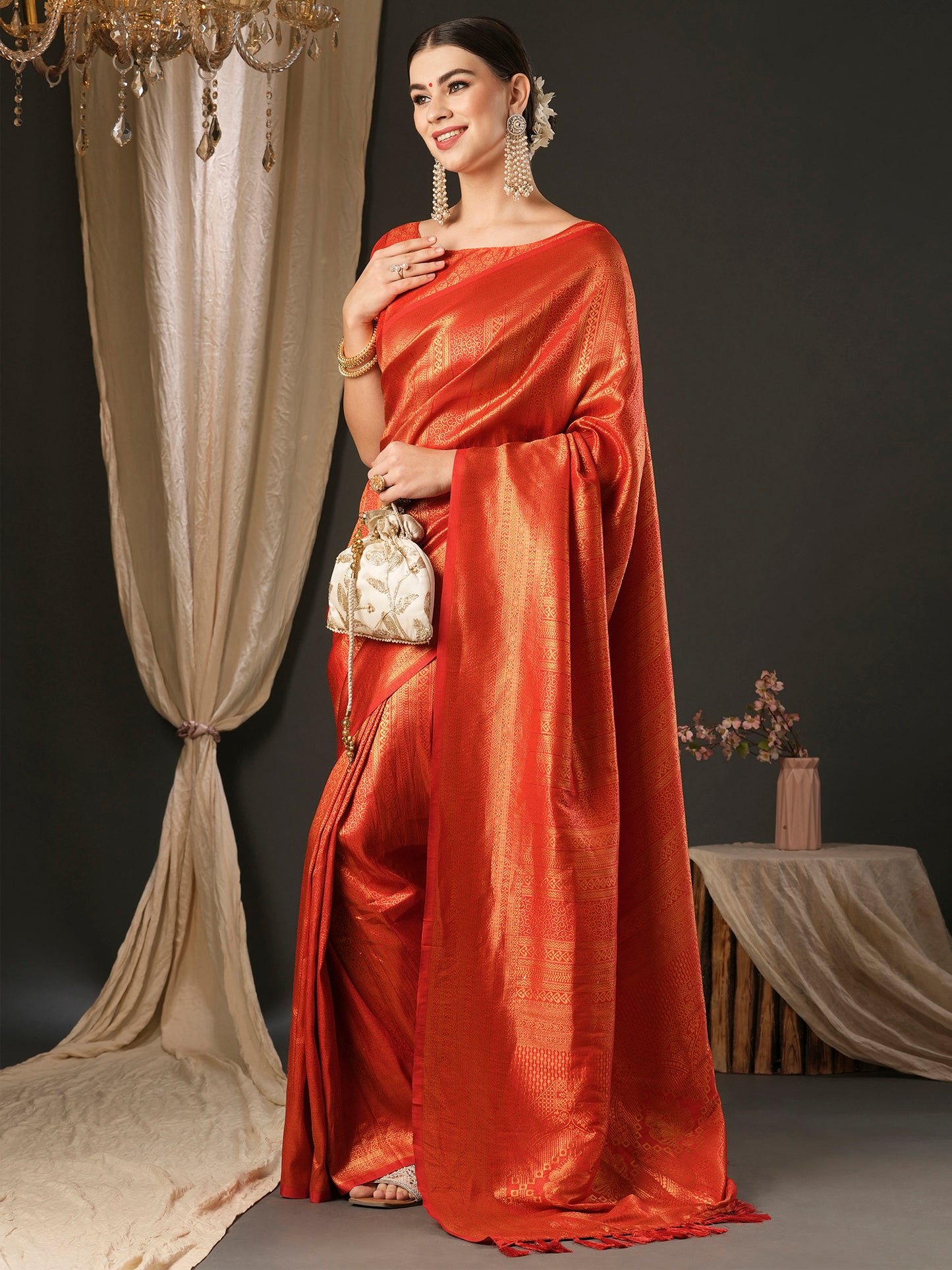 Women's Silk Blend Red Embellished Designer Saree With Blouse Piece