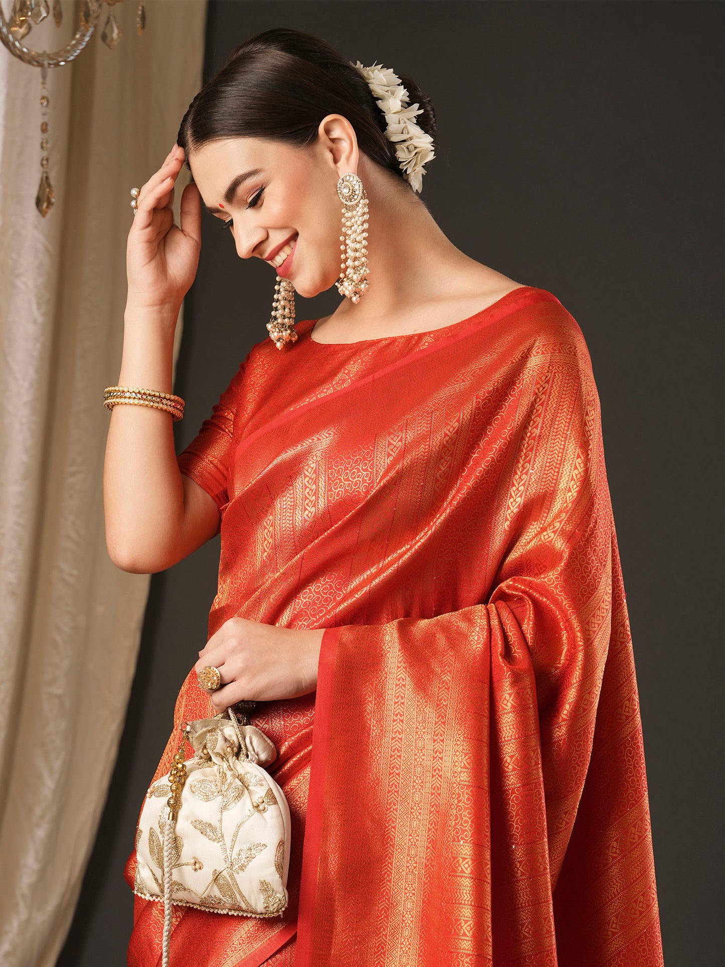 Women's Silk Blend Red Embellished Designer Saree With Blouse Piece
