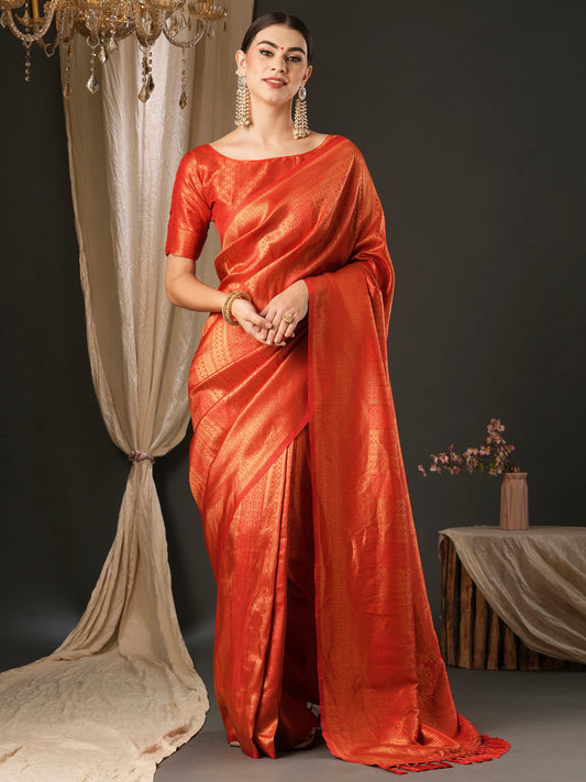 Women's Silk Blend Red Embellished Designer Saree With Blouse Piece