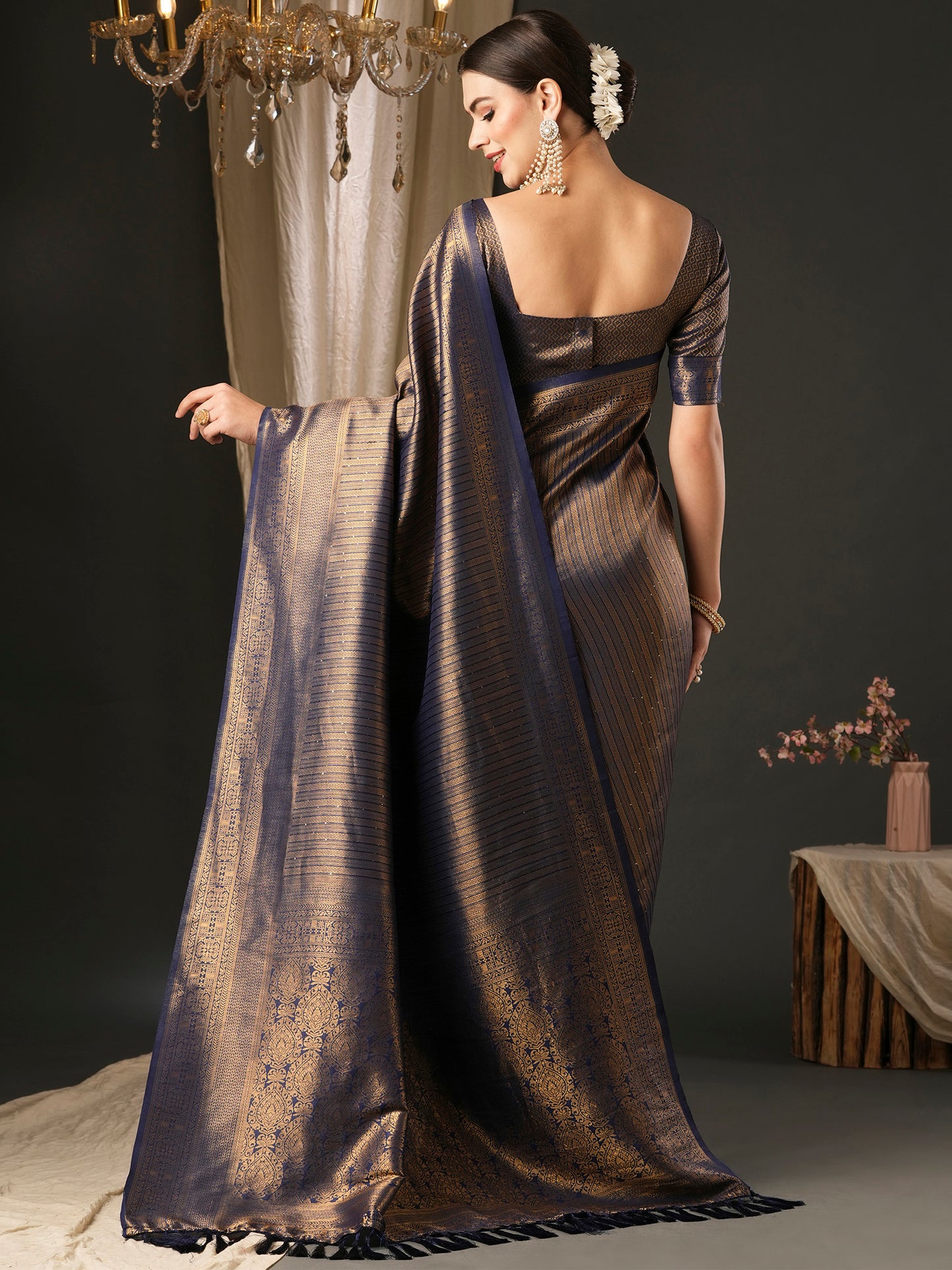 Women's Silk Blend Navy Blue Embellished Designer Saree With Blouse Piece