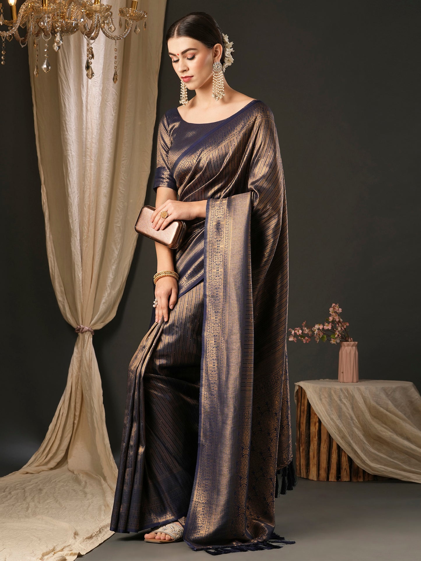Women's Silk Blend Navy Blue Embellished Designer Saree With Blouse Piece