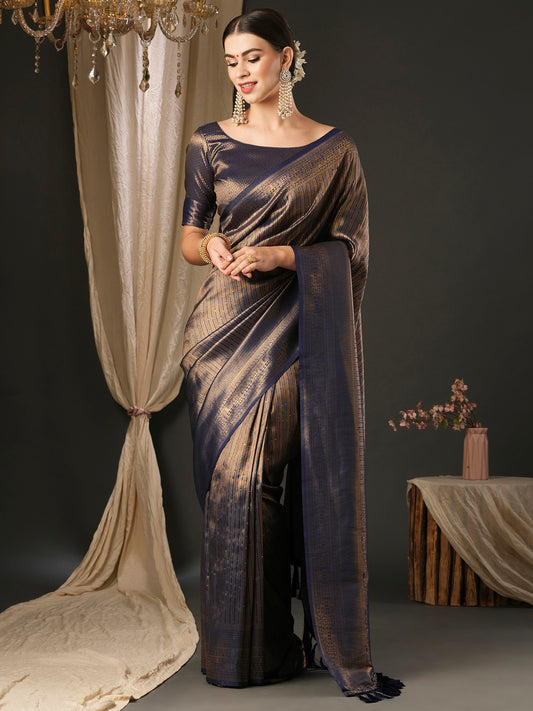 Women's Silk Blend Navy Blue Embellished Designer Saree With Blouse Piece