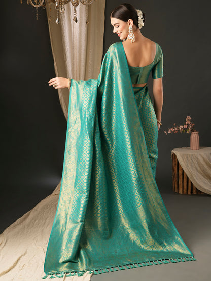 Women's Silk Blend Blue Woven Design Designer Saree With Blouse Piece