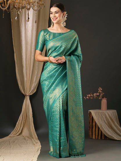 Women's Silk Blend Blue Woven Design Designer Saree With Blouse Piece