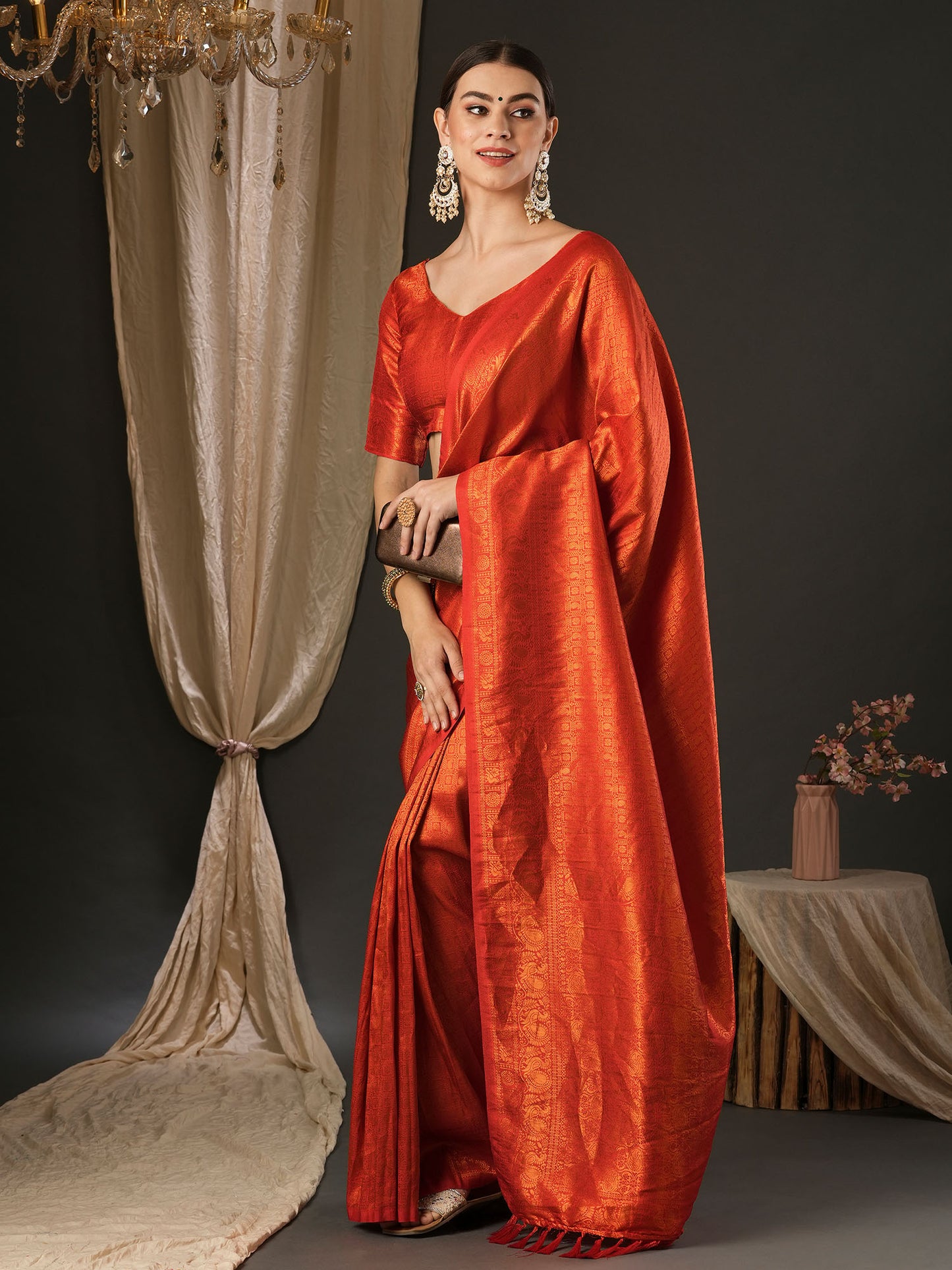 Women's Silk Blend Red Woven Design Designer Saree With Blouse Piece