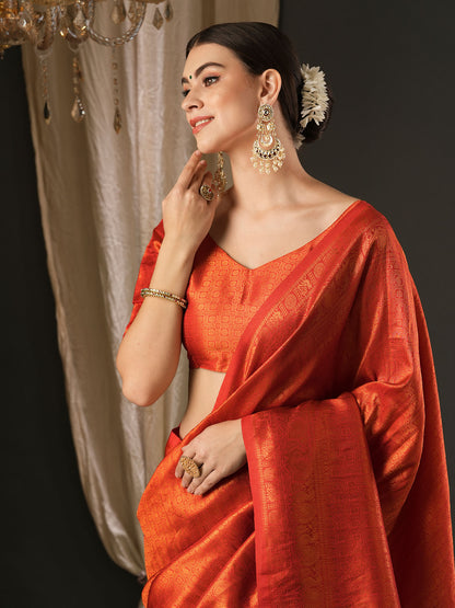 Women's Silk Blend Red Woven Design Designer Saree With Blouse Piece