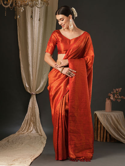 Women's Silk Blend Red Woven Design Designer Saree With Blouse Piece