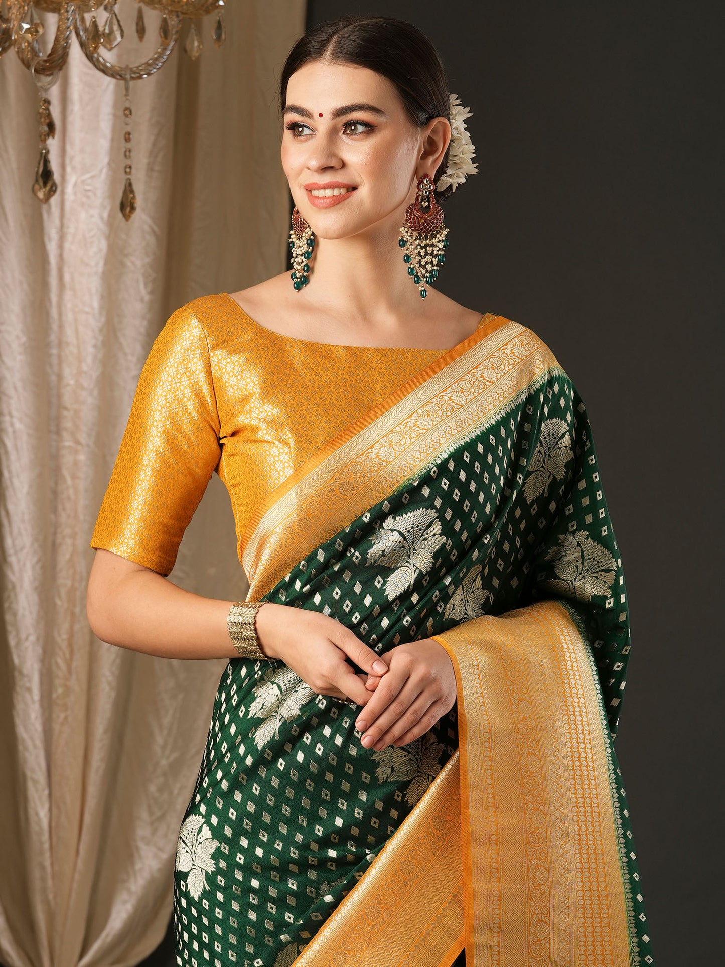 Women's Georgette Yellow Woven Design Designer Saree With Blouse Piece