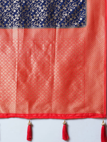 Women's Georgette Navy Blue Woven Design Designer Saree With Blouse Piece