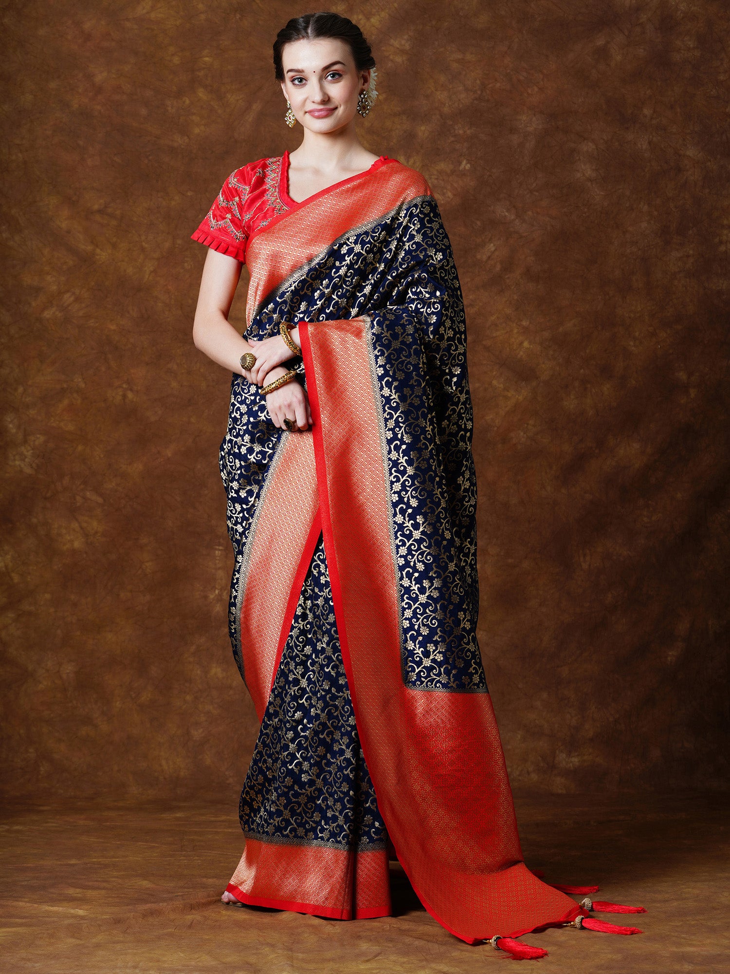 Women's Georgette Navy Blue Woven Design Designer Saree With Blouse Piece