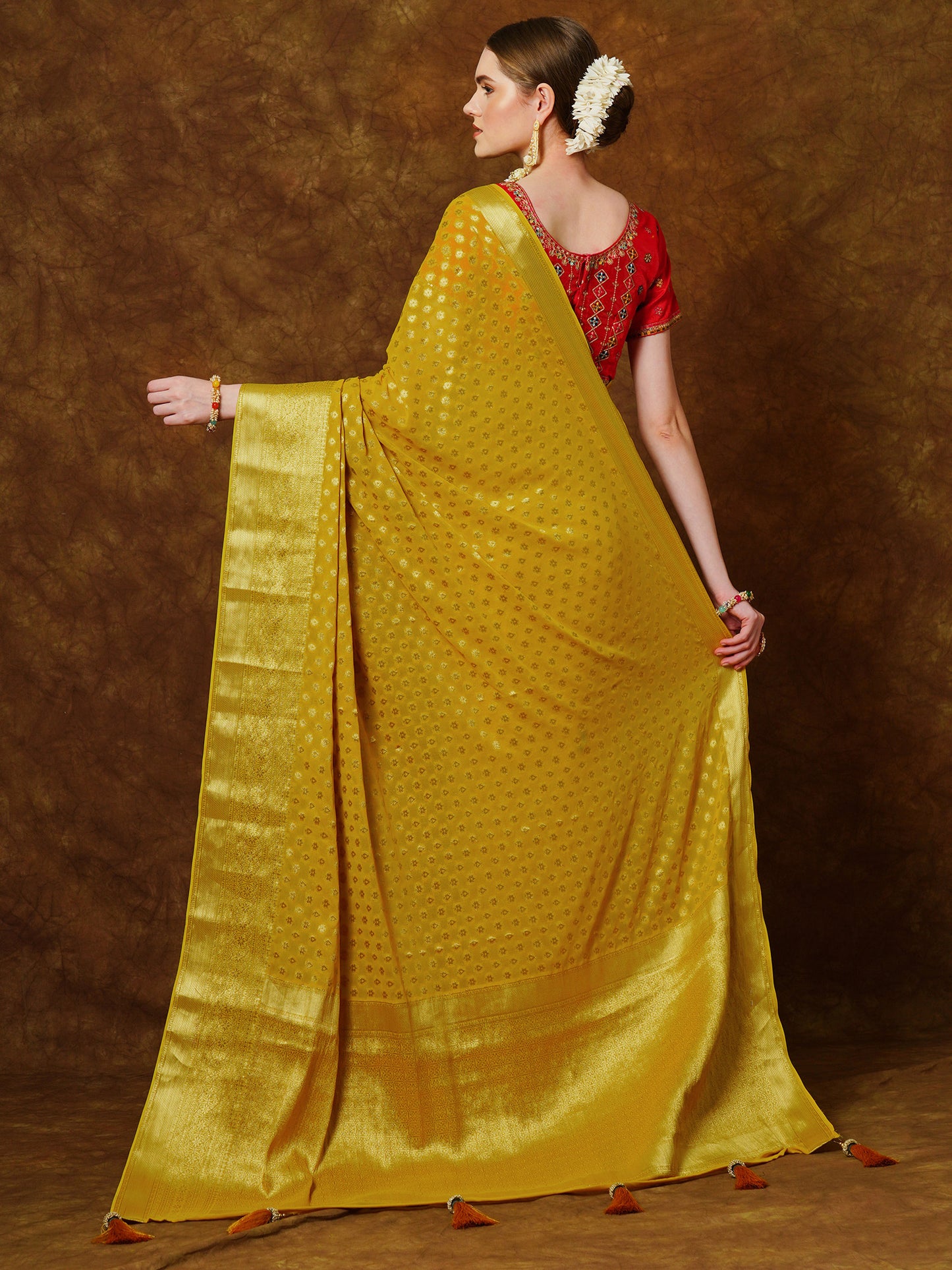 Women's Georgette Yellow Woven Design Designer Saree With Blouse Piece