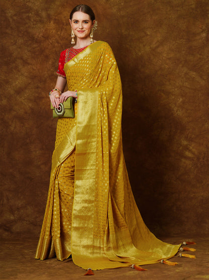Women's Georgette Yellow Woven Design Designer Saree With Blouse Piece