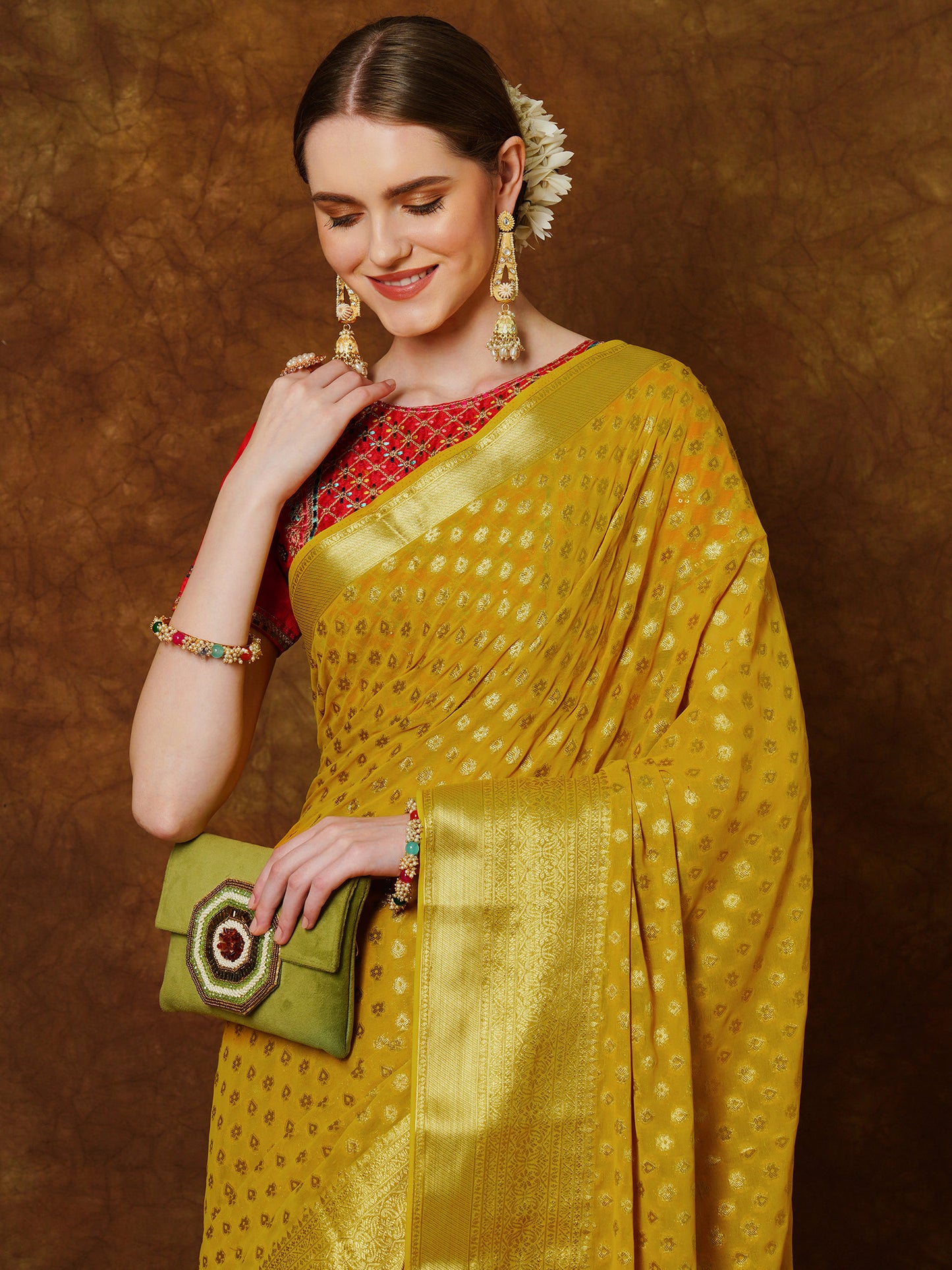 Women's Georgette Yellow Woven Design Designer Saree With Blouse Piece