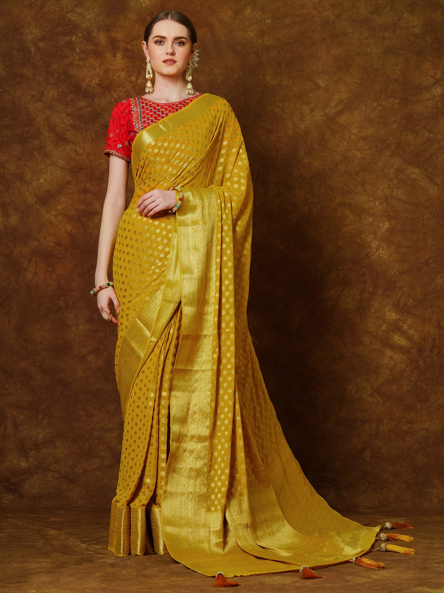 Women's Georgette Yellow Woven Design Designer Saree With Blouse Piece