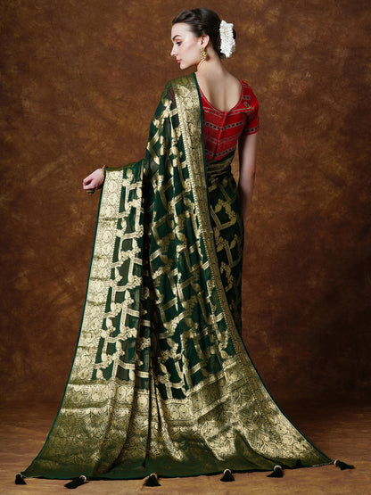 Women's Georgette Green Woven Design Designer Saree With Blouse Piece