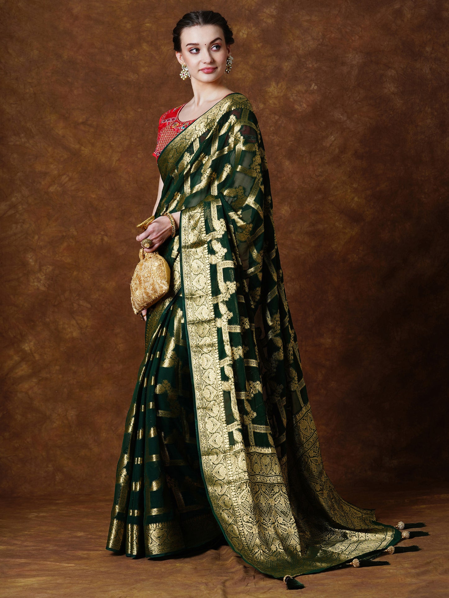 Women's Georgette Green Woven Design Designer Saree With Blouse Piece