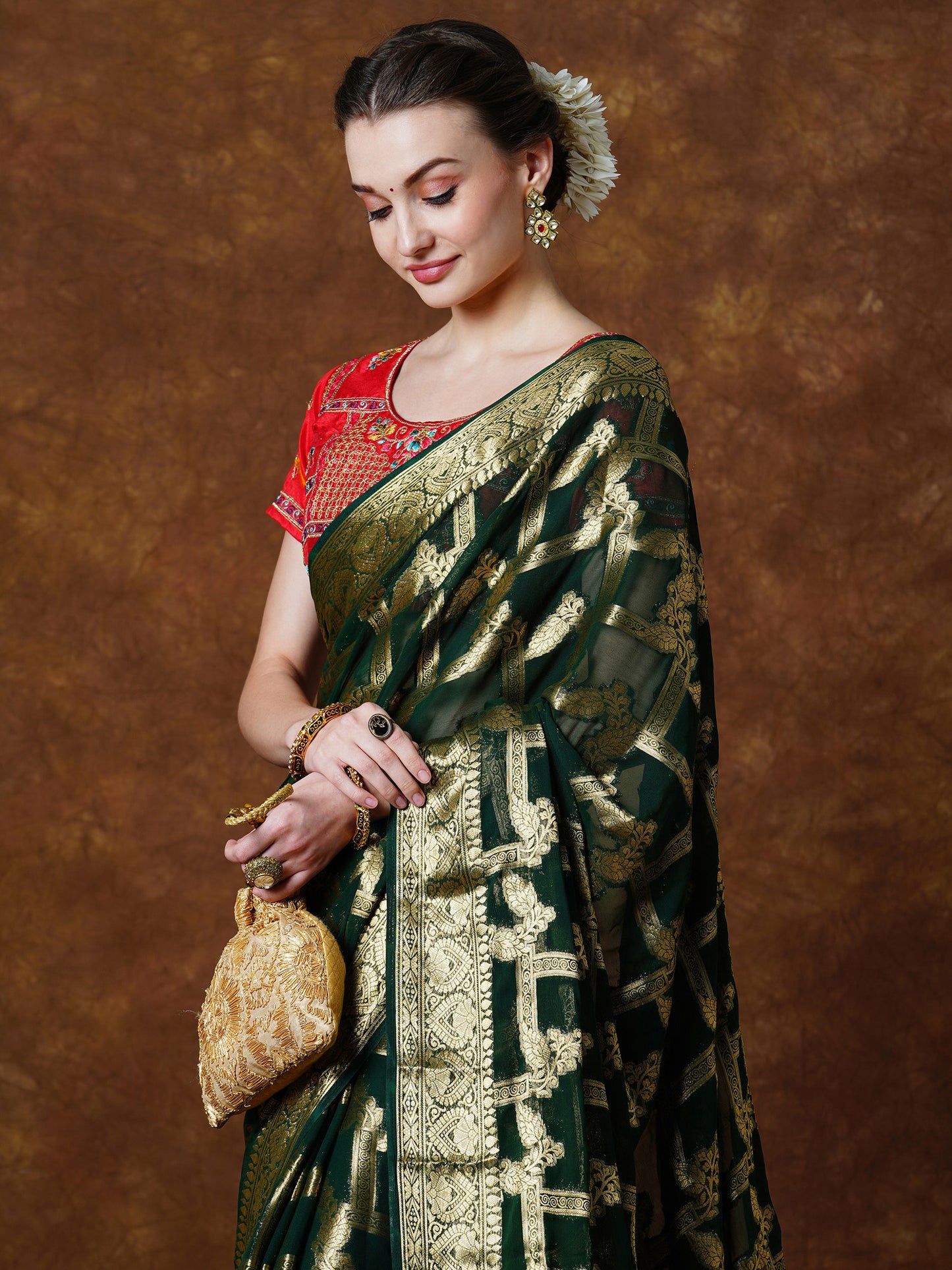 Women's Georgette Green Woven Design Designer Saree With Blouse Piece