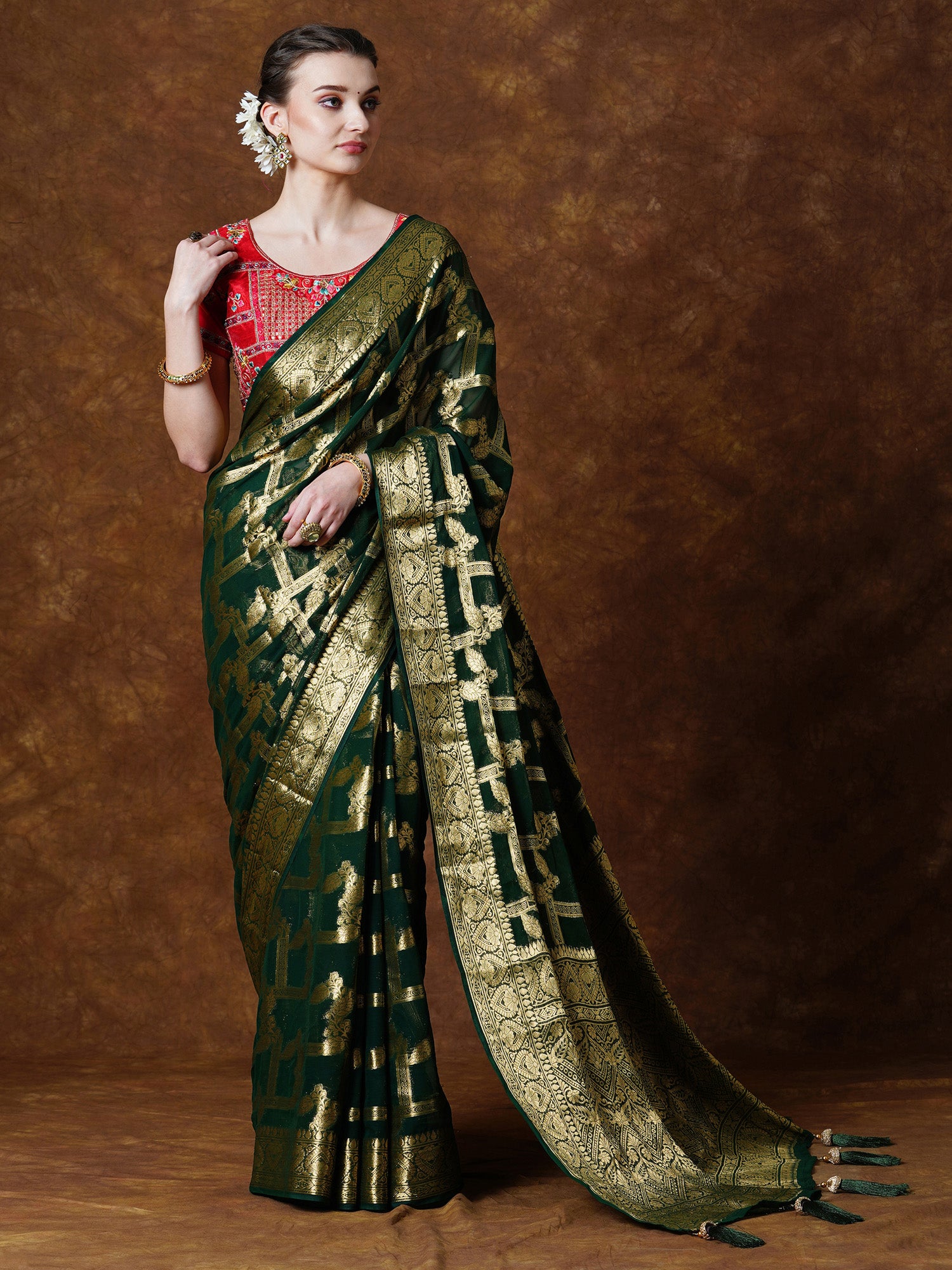 Women's Georgette Green Woven Design Designer Saree With Blouse Piece