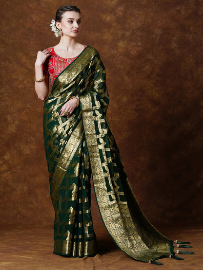 Women's Georgette Green Woven Design Designer Saree With Blouse Piece