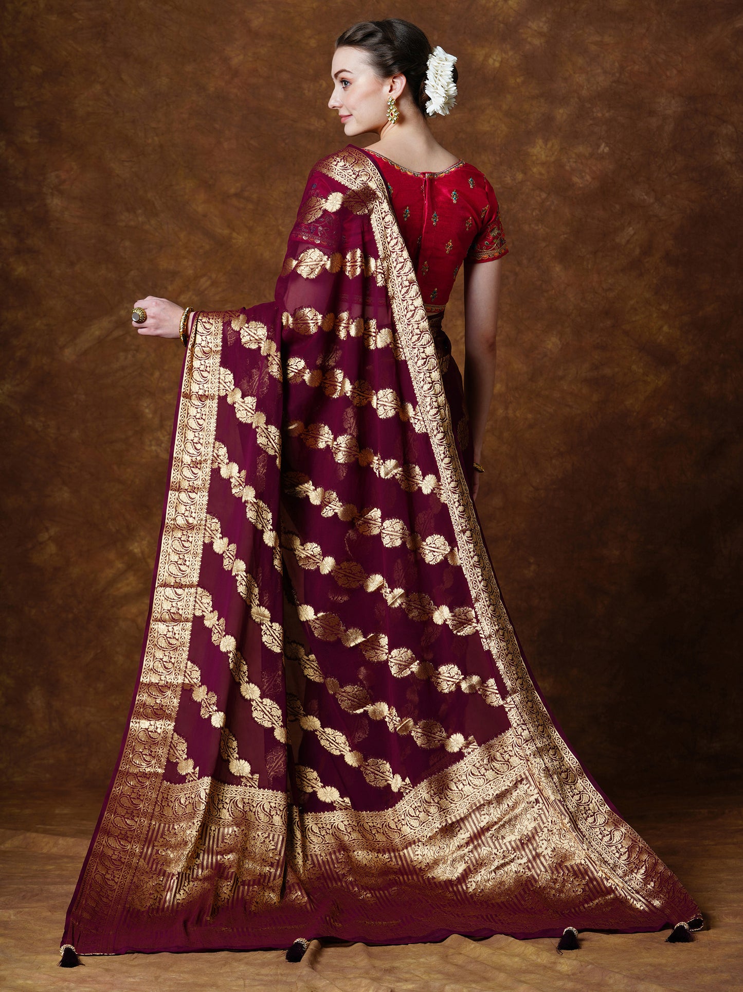 Women's Georgette Burgundy Woven Design Designer Saree With Blouse Piece