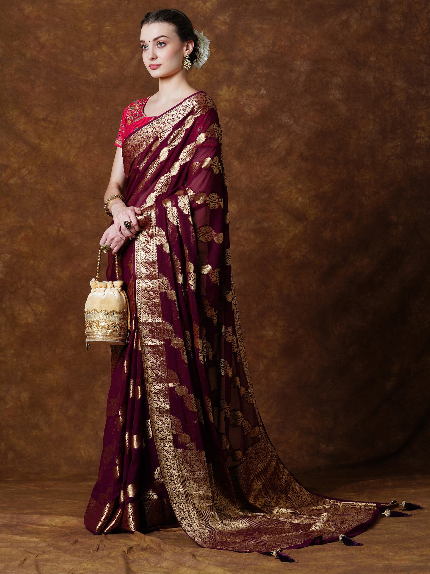 Women's Georgette Burgundy Woven Design Designer Saree With Blouse Piece