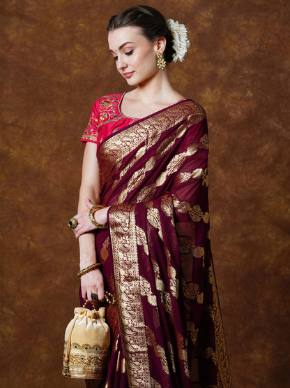 Women's Georgette Burgundy Woven Design Designer Saree With Blouse Piece