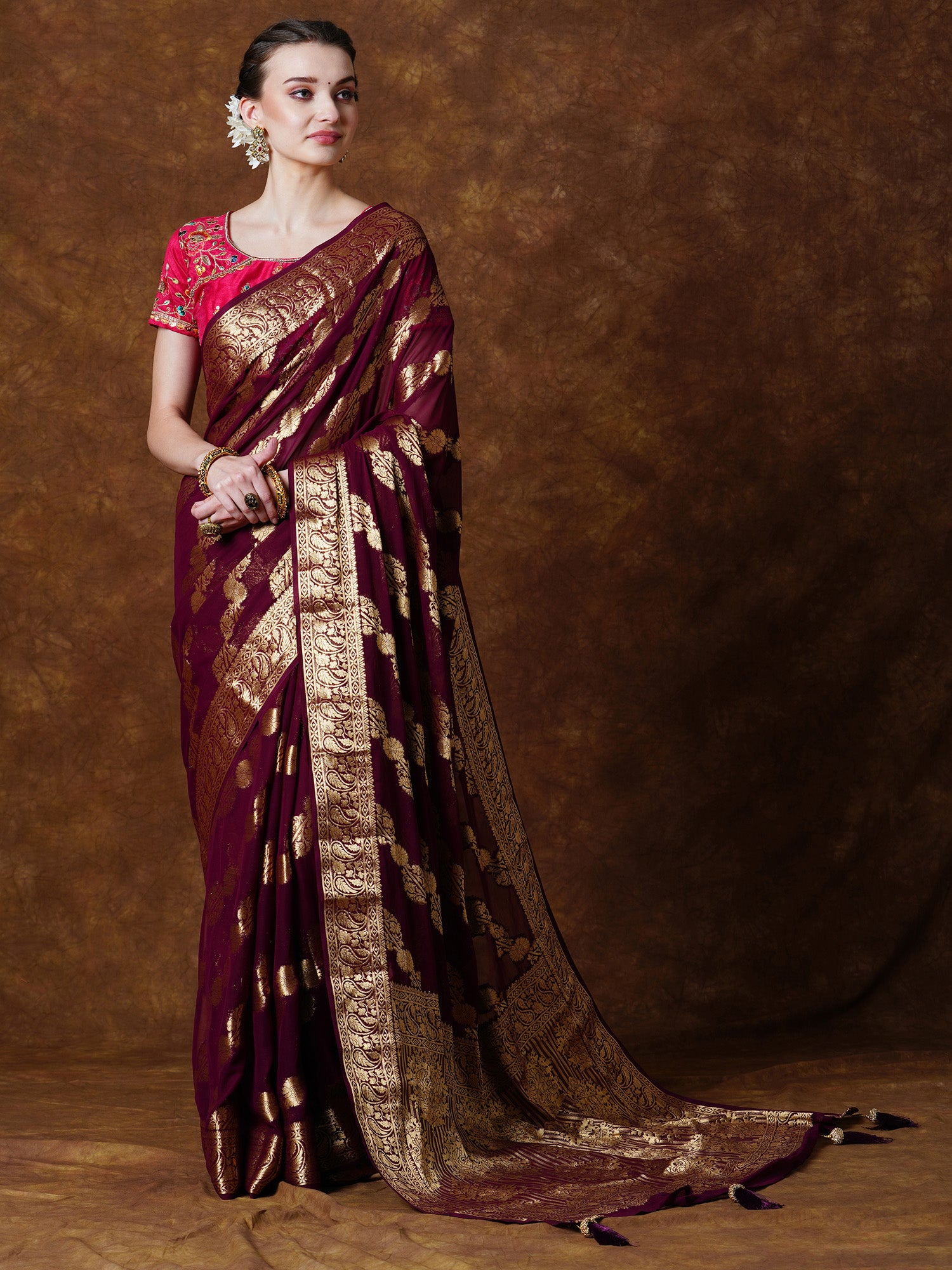 Women's Georgette Burgundy Woven Design Designer Saree With Blouse Piece