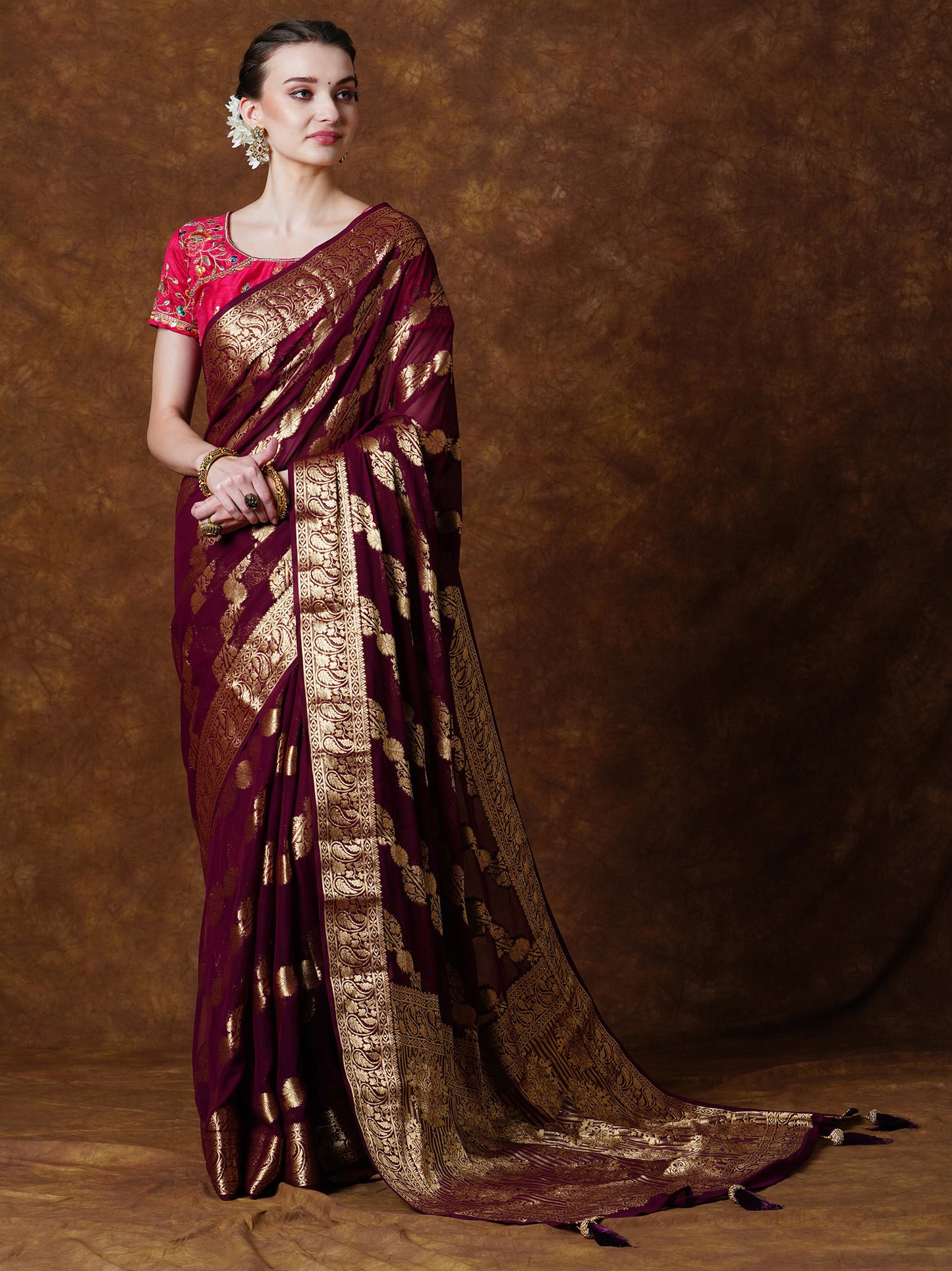 Women's Georgette Burgundy Woven Design Designer Saree With Blouse Piece